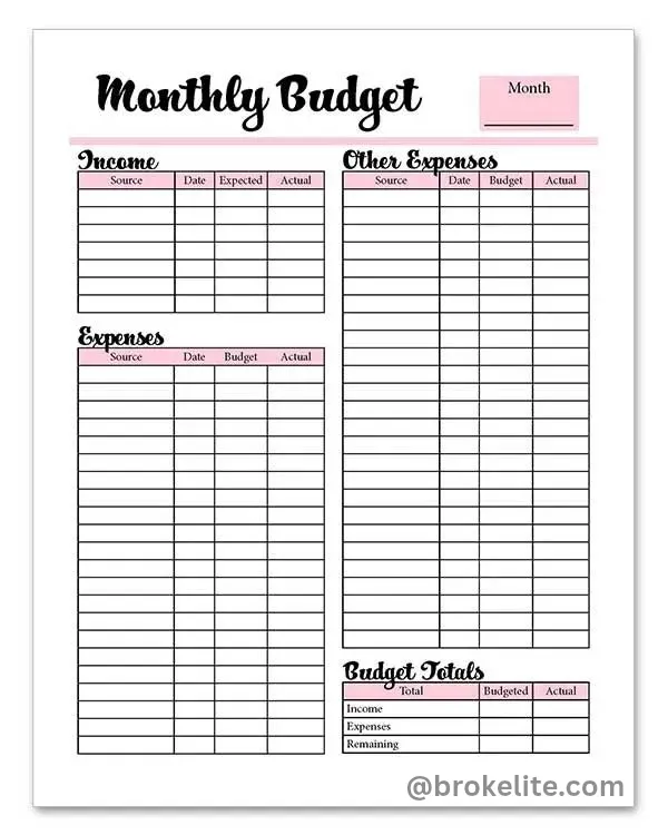 Printable college budget worksheet PDF
